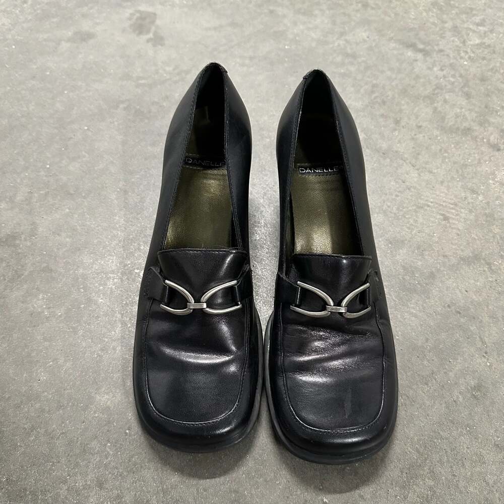 Danelle Black Leather Block Heel Loafer Pumps with Bit Hardware Women's 7.5M